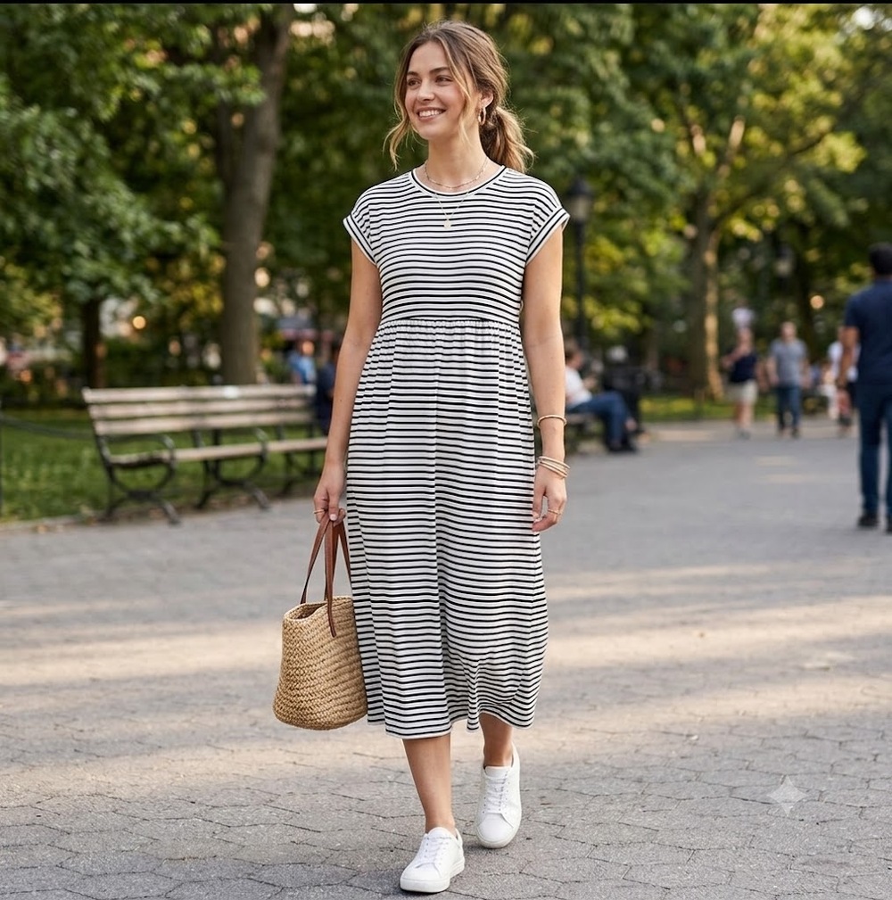 Audrey 3+1 Black Ivory Stripe Midi Dress Size M Rib Knit EUC